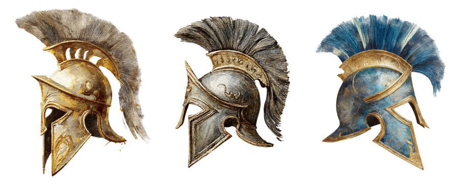 Group of stylized ancient greek helmets depicting iconic warrior headgear from classical antiquity, showcasing different designs and materials with prominent crests