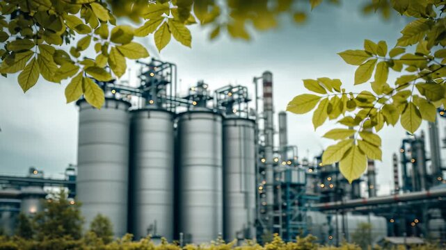 Industrial plant with large silos surrounded by green trees and leaves in the foreground during daytime