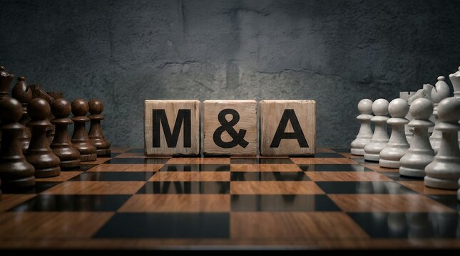Three wooden blocks with the letters M Ampersand and A are placed on a chessboard between opposing armies of chess pieces MA mergers acquisitions business strategy game finance