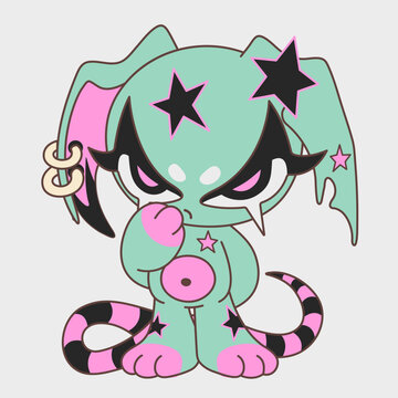 Cute green demon with stars. Funny character. Cartoon character design.