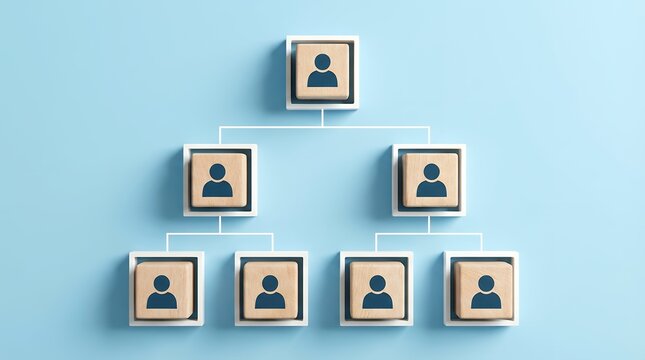 A hierarchical organizational chart with wooden blocks depicting people icons and connecting lines on a light blue surface hierarchy business structure management team career