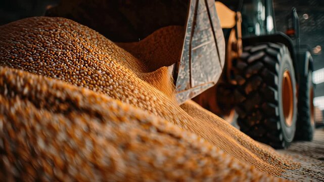 Heavy machinery moves corn in large warehouse during harvesting process in autumn