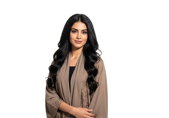 Naklejka premium Young South Asian woman in beige saree shawl smiling confidently isolated on transparent background