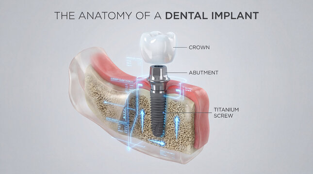 Dental implant anatomy explains tooth restoration. Dental implant diagram shows crown, abutment, titanium screw within jawbone for clinic education, oral surgery planning, medical training visuals