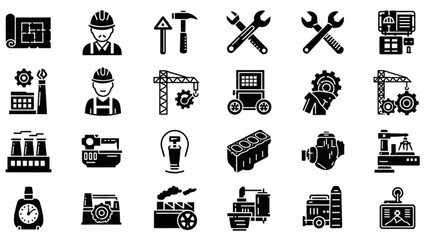 Vector Icon Sheet of Industrial Construction Tools and Equipment