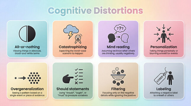 Cognitive distortions chart outlines thinking traps. Cognitive distortions infographic presents all or nothing thinking, catastrophizing, mind reading, labeling, filtering for therapy education