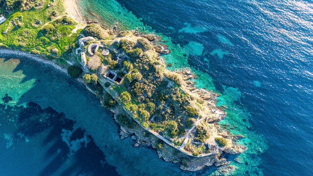 Aerial view of the ancient site of Toroni on the Sithonia peninsula, Chalkidiki, Greece