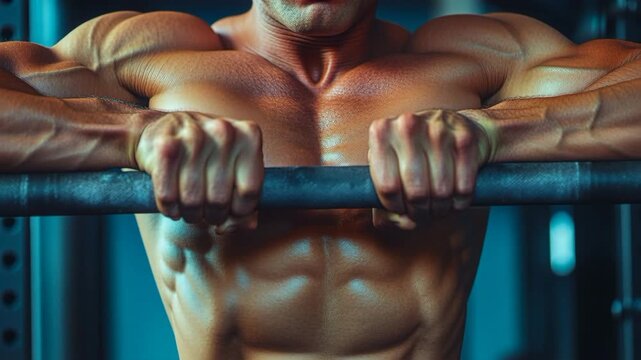 Strong athletic man with a perfect muscular body doing pull-up exercises in a fitness club