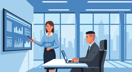 Business meeting vector illustration of a team collaborating on data analysis on a digital whiteboard and laptop in an office environment