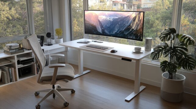 Modern workspace features a large monitor, desk, ergonomic chair, and plants in a light-filled room with a view of nature outside