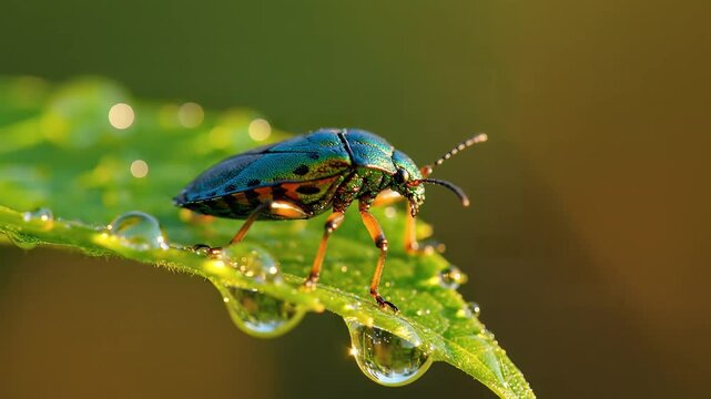 Macro shot of iridescent jewel beetle on wet green leaf with water droplets, symbolizing nature's delicate beauty and morning dew