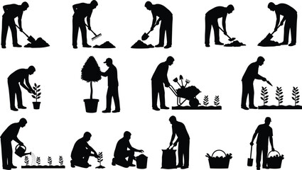 Black silhouette set of male gardener working with shovel rake wheelbarrow watering can planting trees and harvesting vegetables in garden. © Creative Mind