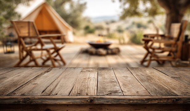 Rustic outdoor glamping site with campfire and cozy seating awaits