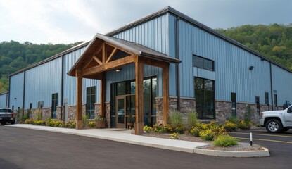 Obraz premium Modern blue industrial building with rustic stone accents and natural landscape