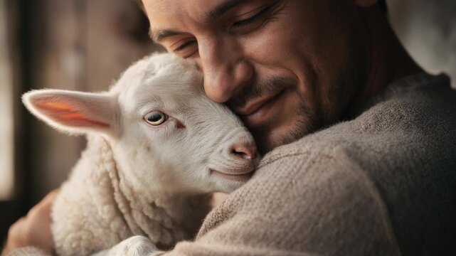 Close up of a man lovingly hugging a happy white lamb showing warmth and animal care