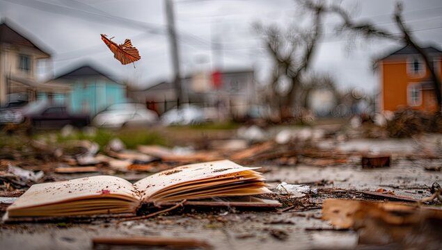 Open book and falling leaf amidst debris in desolate town