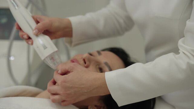 Close-up face of relaxed woman receiving innovative rf microneedling facelift procedure from skilled esthetician, modern hardware cosmetology method for skin tightening and wrinkle reduction.