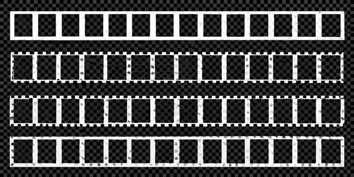 Four strips of transparent film negatives with sprocket holes