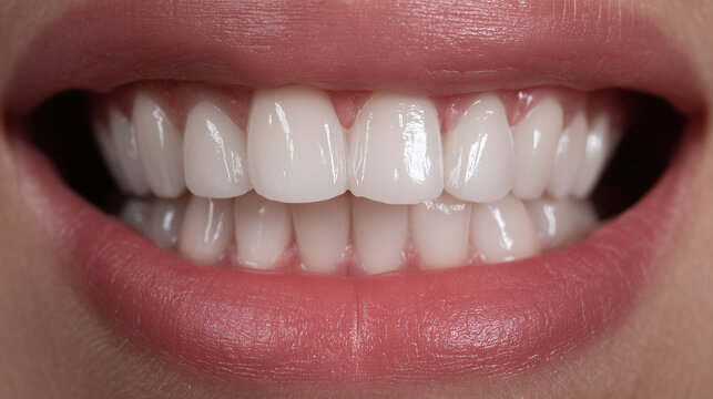 Strahlendes L&auml;cheln mit wei&szlig;en, gepflegten Z&auml;hnen in Nahaufnahme. Konzept f&uuml;r Zahnarzt, professionelle Zahnreinigung, Bleaching, Zahngesundheit und routinem&auml;&szlig;ige Zahnuntersuchung.