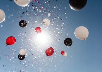Fototapeta premium Colorful balloons and confetti ascend into a bright blue sky