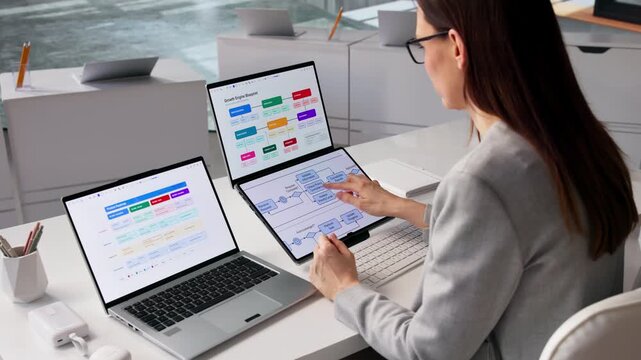 Manager Reviewing Business Process Flow Chart On Laptop