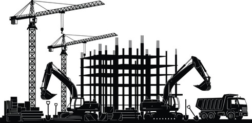 Construction site silhouette with tower cranes excavators dump truck and building frame under development isolated on white background vector illustration © Creative Mind
