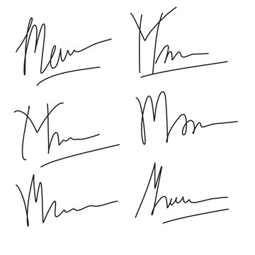 Handwritten collection of fake scribble signature in ink. Handwritten set of inked autographs. Collection of imaginary scribble signatures in eps 10.