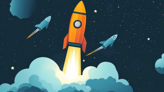 Rocket launches into space with other smaller rockets in the night sky filled with stars and clouds