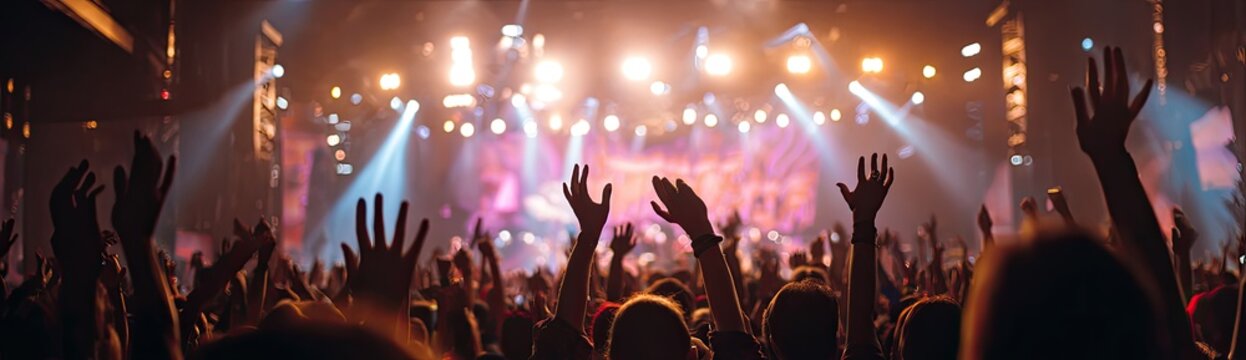 Audience with hands raised at a concert with bright stage lights