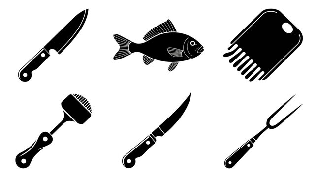 Black and white fishing icons set with fish hook lure bait and marine equipment symbols