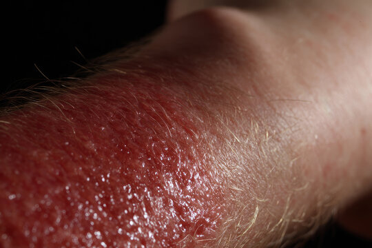 Red irritated skin showing stage one bedsores with inflamed texture and visible hair on surface, highlighting early skin damage and discomfort