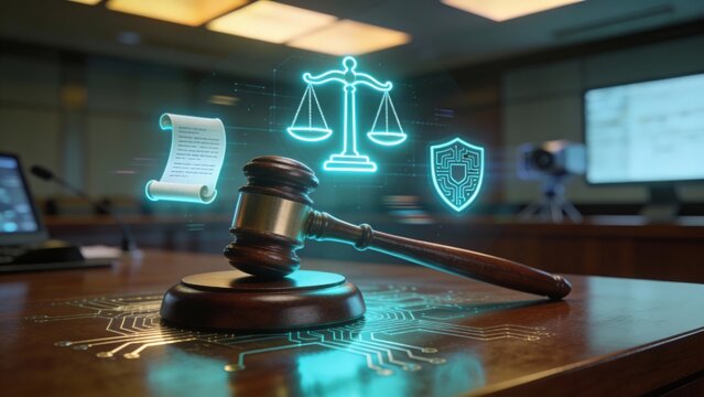 Gavel With Glowing Digital Justice Icons On Polished Wood Desk, Holographic Scales And Shield Symbols Hovering, Soft Courtroom Lighting, Laptop And Blurred Judge Bench In Background,