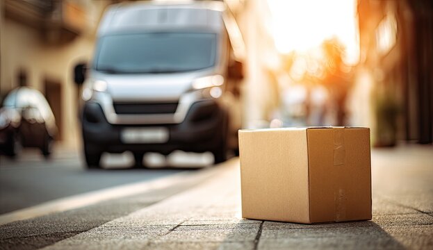 Cardboard box sits on a street with a delivery van in the background