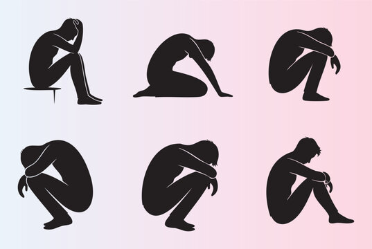 Collection of emotional human silhouettes in various sad and depressed poses expressing sorrow