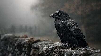 Fototapeta premium Raven perched on a stone wall in a foggy landscape during early morning hours