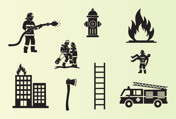Obraz premium Collection of firefighter and fire safety icons including firefighters equipment and rescue operations illustration