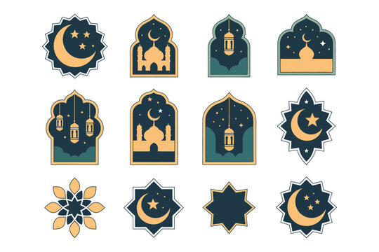 Set of colorful islam icons and mosque elements for ramadan kareem celebration eid al fitr and eid al adha islamic new year muharram