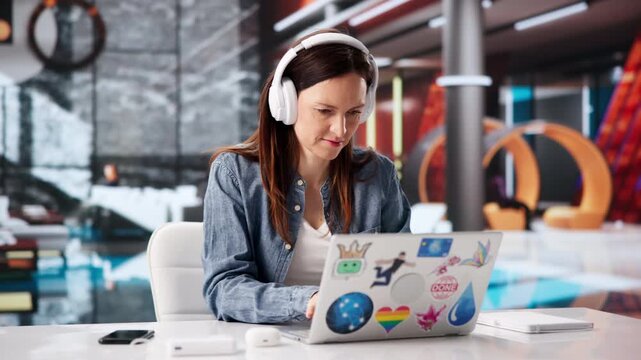 Woman Wearing Headphones Studying Online