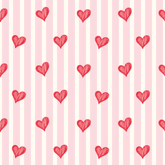 Seamless doodle heart pattern hand drawn red sketch hearts on pastel pink and soft creamy striped background