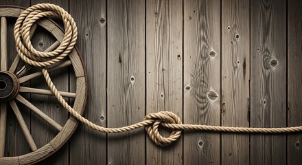 Obraz premium Rope and Wagon Wheel on Wooden Wall.