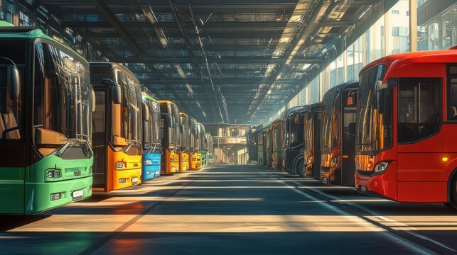 Row of Buses in a Large Depot.