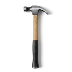 A close-up view of a hammer with a wooden handle and a metal head