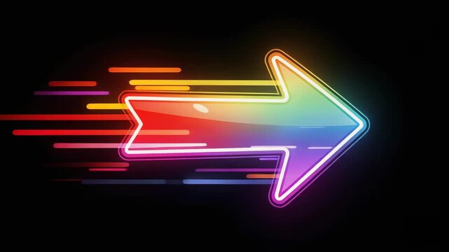 Colorful neon arrow with motion effect on dark background representing speed and progress concept