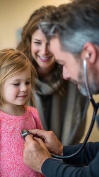 Close-up of a doctor using a stethoscope on a smiling young girl, with her mother watching in a warm pediatric clinic setting