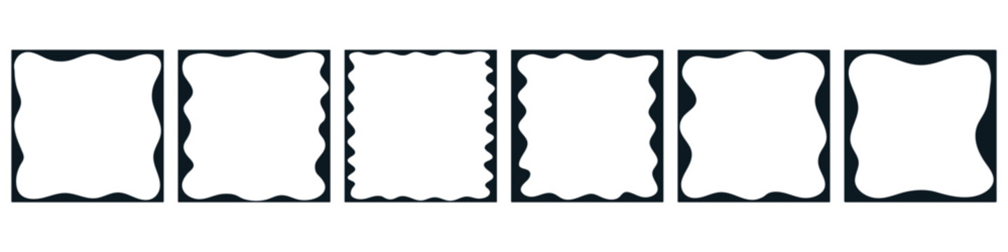Set of playful square text box frames, minimalist black wavy borders, outline round banner design templates. Minimal card curve vector illustration isolated on transparent background
