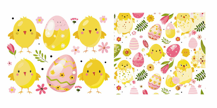 Cute cartoon chicks easter eggs and floral patterns on white background