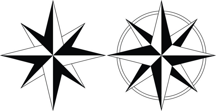 Compass rose vector illustration, classic compass star with direction marks symbolizing navigation orientation and travel guidance in black and white design.