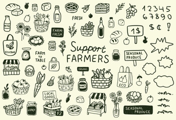 Hand drawn farmers market doodle set with organic vegetables, fruits, baskets, honey jars, eco bags and farm stall elements. Black line icons about fresh local food, seasonal produce and organic farmi © Olena Hnatiuk