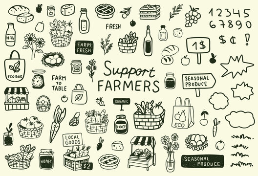 Hand drawn farmers market doodle set with organic vegetables, fruits, baskets, honey jars, eco bags and farm stall elements. Black line icons about fresh local food, seasonal produce and organic farmi