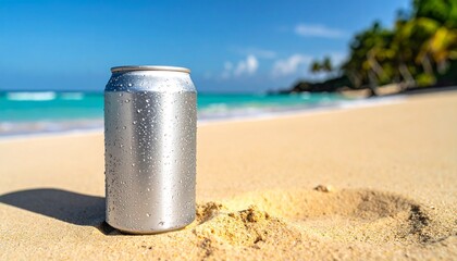 A refreshing can of beverage sits on a sandy beach under a bright blue sky, the perfect summer day scene! 